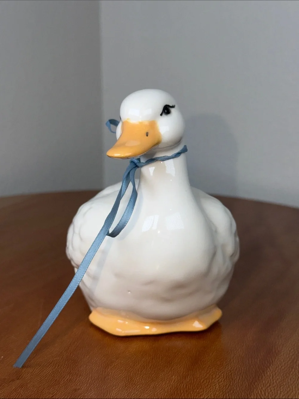 Vintage Hand Crafted Hand Made Ceramic Duck White Yellow Blue Bow Farmhouse